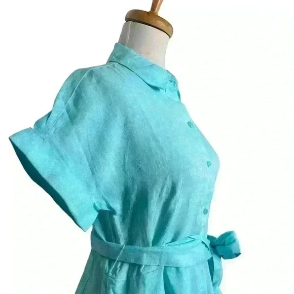 TALBOTS The Sutton Shirtdress Fit & Flare Cross Dye 100% Linen in Aqua Size 6 - Picture 5 of 12